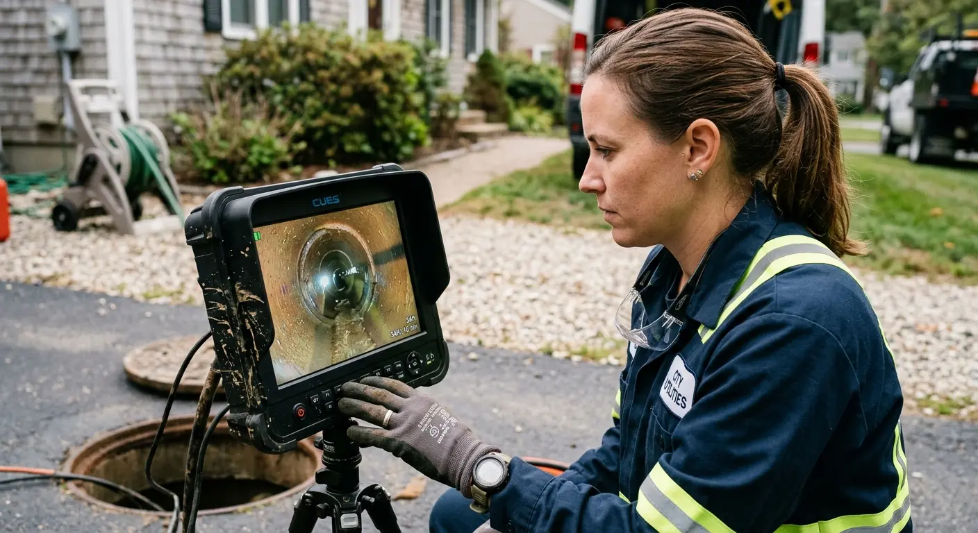 Technician reviewing sewer camera inspection footage in Marshall