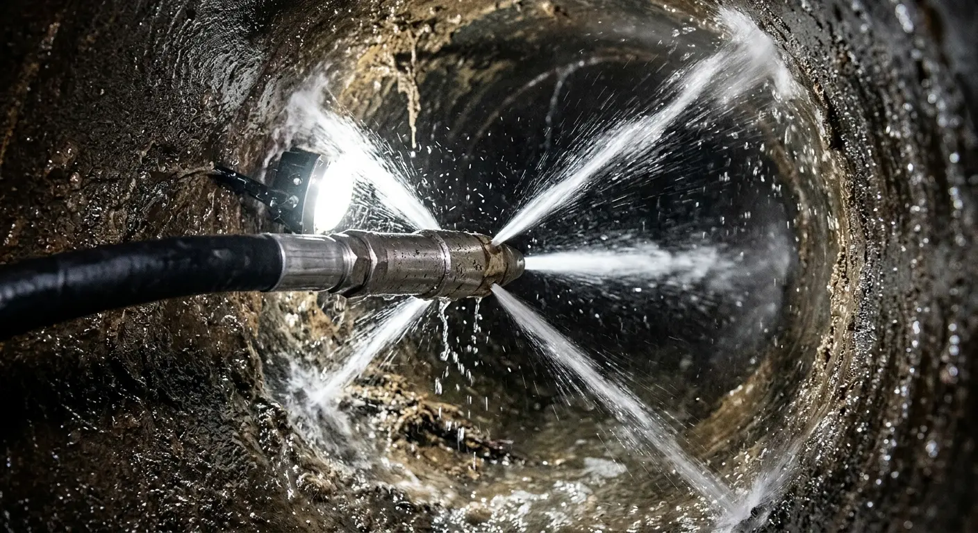 High-pressure hydro jetting nozzle cleaning sewer pipe for Sewer Cleanout in Marshall